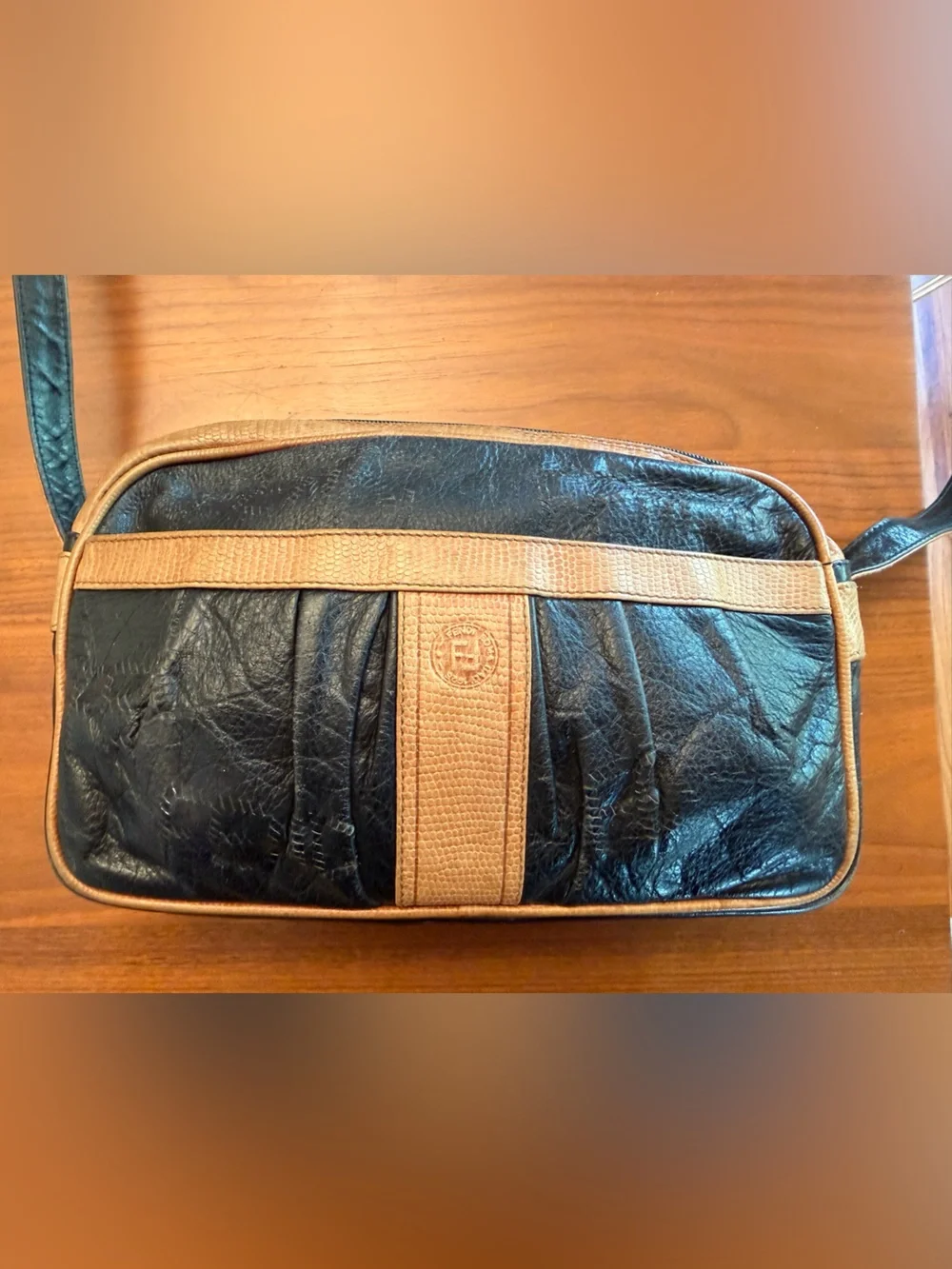 Fendi Black and Brown Leather Crossbody Bag- Vintage